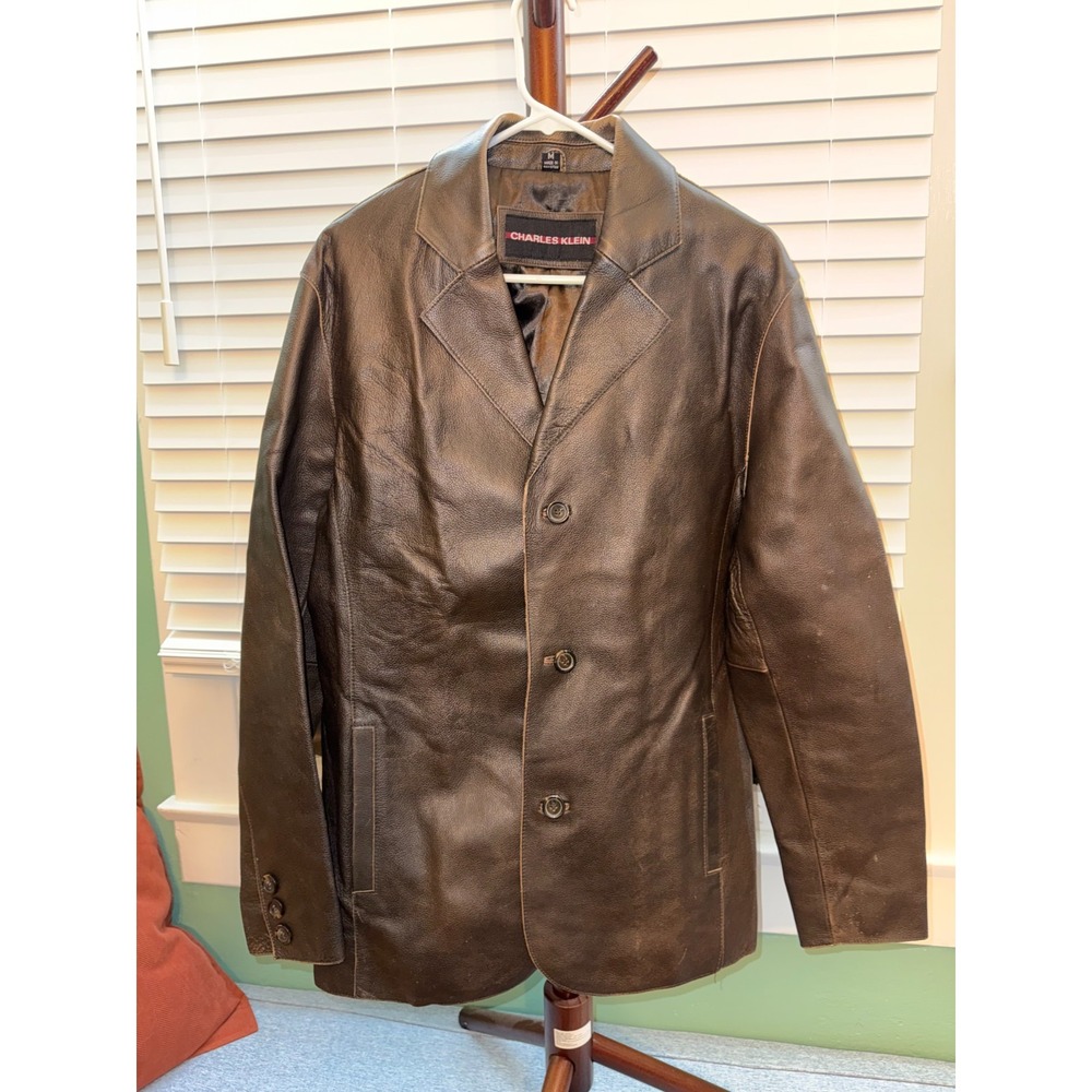 Charles Klein Men's Double Breasted Leather Blazer Medium